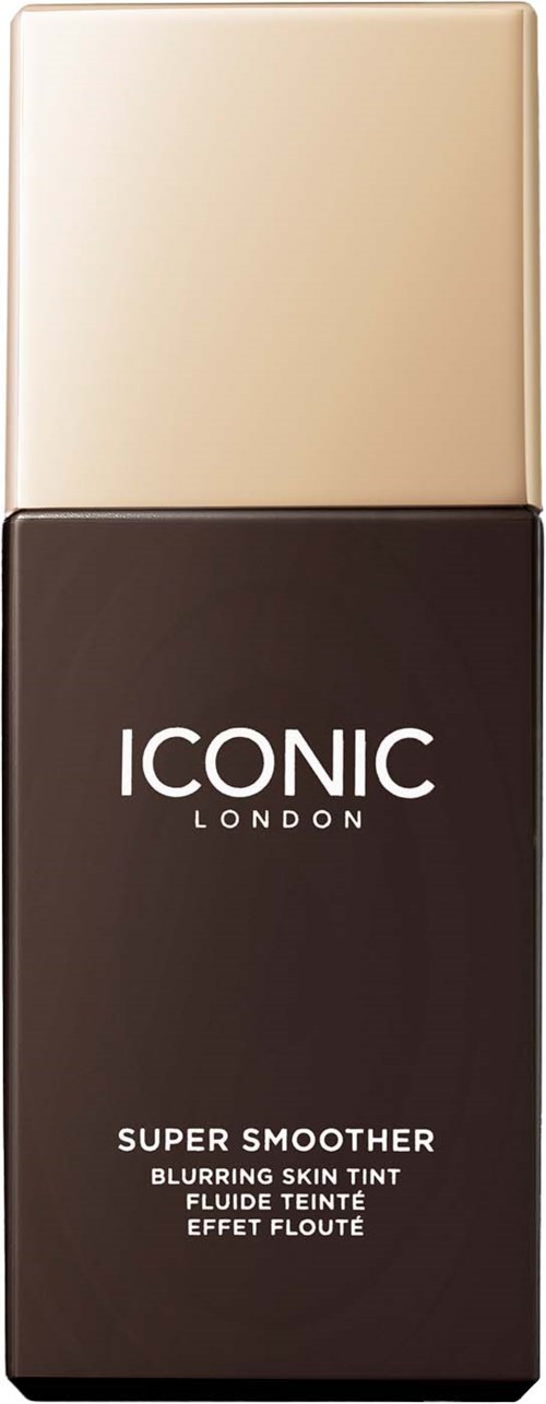  Szminka z beżowym i ciemnobrązowym opakowaniem, z napisem 'ICONIC LONDON' i 'Super Smoother'.