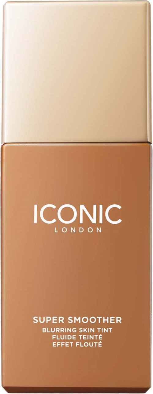 butelka podkładu z beżową nakrętką i brązowym ciałem z napisem 'Iconic London Super Smoother' dla promiennej skóry.