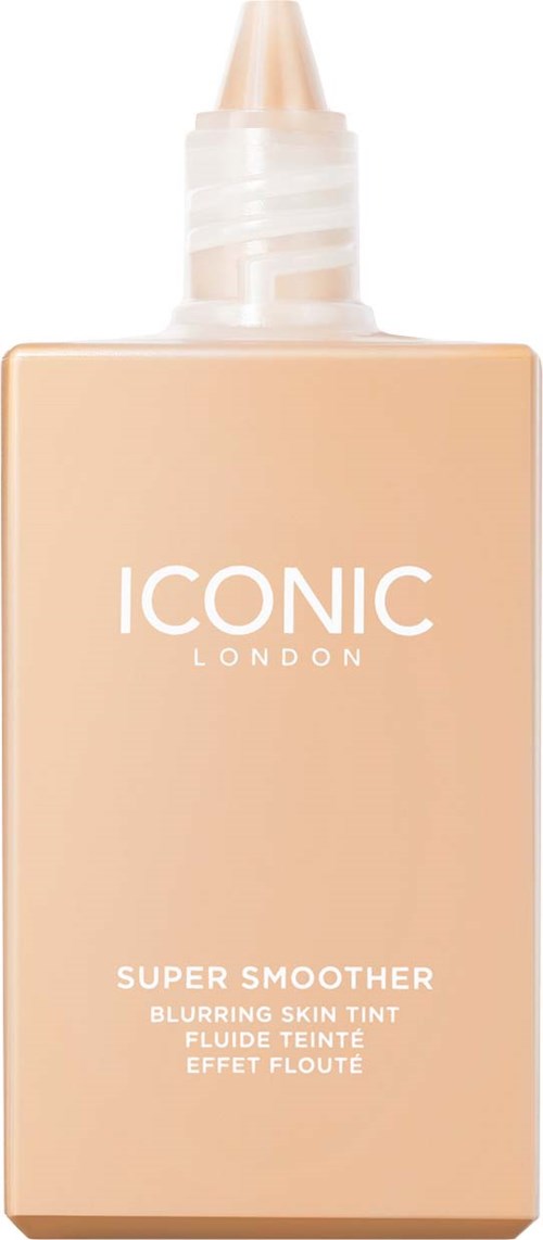 En beige flaska med tydlig avtryckning, märkt 'ICONIC LONDON SUPER SMOOTHER' för hudlugnande och uppfräschning.
