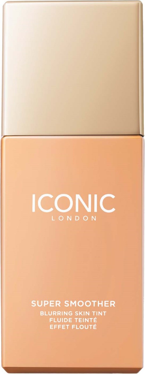 ICONIC London Super Smoother -voide, persikanvärinen pullo, valkoinen teksti, beige korkki.