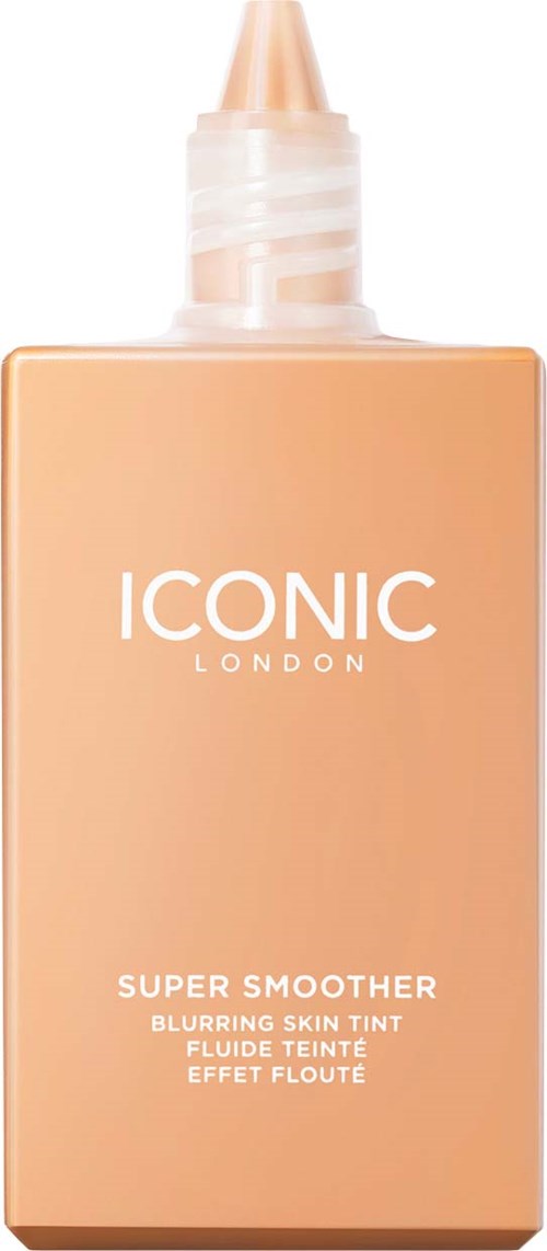 Persikanvärinen pullo, jossa terävä korkki, merkinnällä 'ICONIC LONDON SUPER SMOOTHER' ihon silottamiseen.