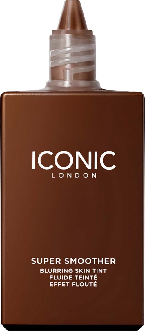Brązowa butelka z ostro zakończonym końcem, z napisem Iconic London Super Smother Blurring Skin Tint.