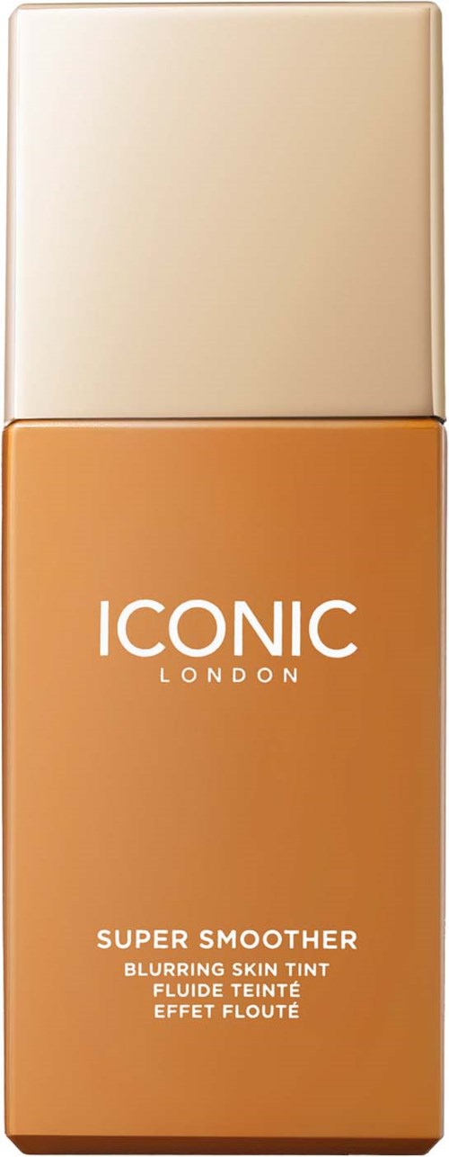 Butelka podkładu z beżową nakrętką i brązowym ciałem, oznaczona "Iconic London Super Smoother."