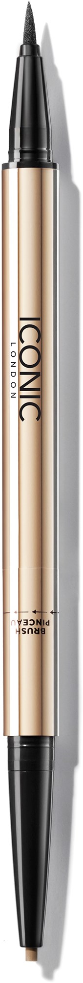 Dubbelzijdige zwarte pen met gouden body, gemarkeerd "ICONIC", gebruikt voor schrijven of tekenen.