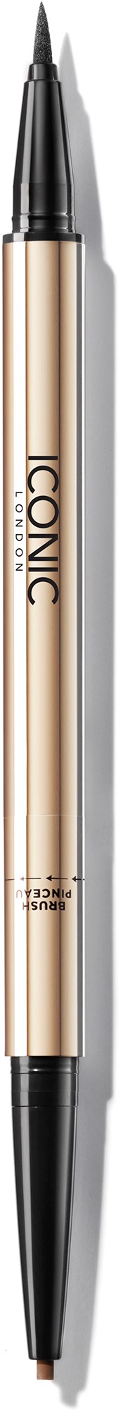 Een dubbelzijdige eyeliner met zwarte en gouden metalen body, gemarkeerd 'ICONIC' en 'LONG LASTING'.