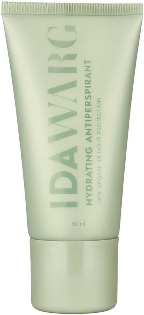 En ljusgrön tub märkt 'IDAVIRG' för återfuktande antiperspirant, vegansk, 50 ml, med 24 timmars skydd.