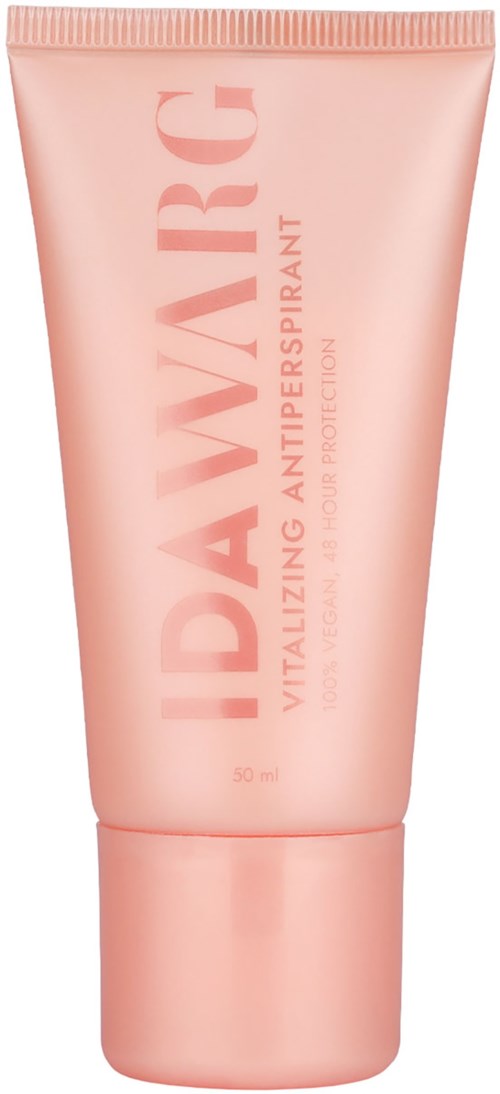 Vaaleanpunainen putkilotunnus 'IDAWG' ja teksti elvyttämisestä ja antiperspiranttina hyödyistä.