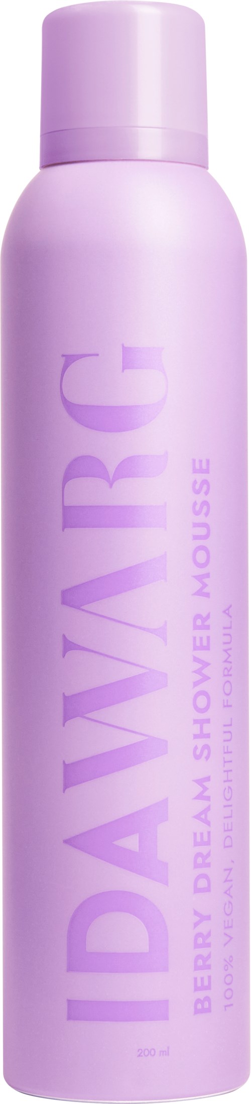 Violetin värinen pullo, jossa on laventelin värinen korkki, sisältää Dayarc Berry Dream Shower Mousse. Teksti pullossa on Dayarc Berry Dream Shower Mousse.