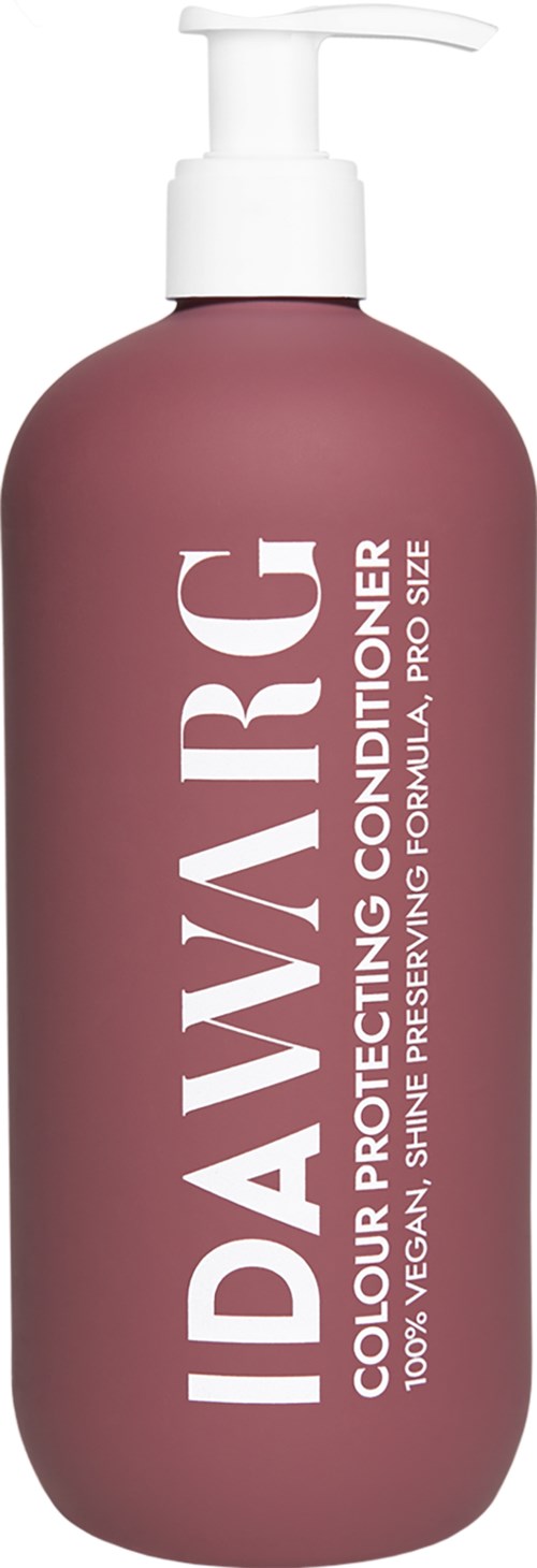 En flaske med pumpe merket "IDAVIRG COLOR PROTECTING CONDITIONER." Den er lilla med hvit tekst.