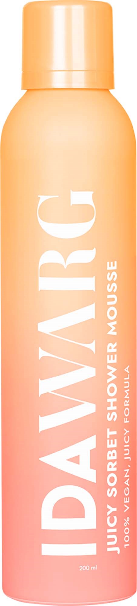 En lang fersken og lyserød flaske mærket Daily ARC Juicy Sorebret Shower Mousse.