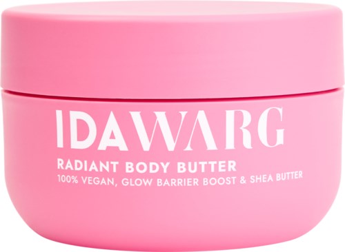Vaaleanpunainen purkki Idrwag Radiant Body Butter -tuotteelle, teksti vegaanisista ainesosista ja sheavoinasta.