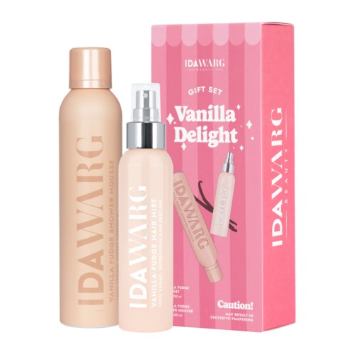 IDAWARG Vanilla Delight lahjapakkaus sydämen värinen pinkkilaatikko, sisältää vartalosuihkeen ja pienen suihkepullon.