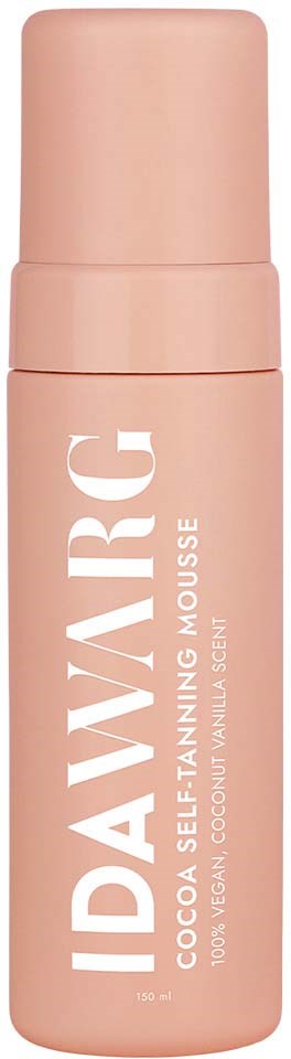 Różowa butelka z napisem 'IDAVIC' i 'Cocoa Self Tanning Mousse'.
