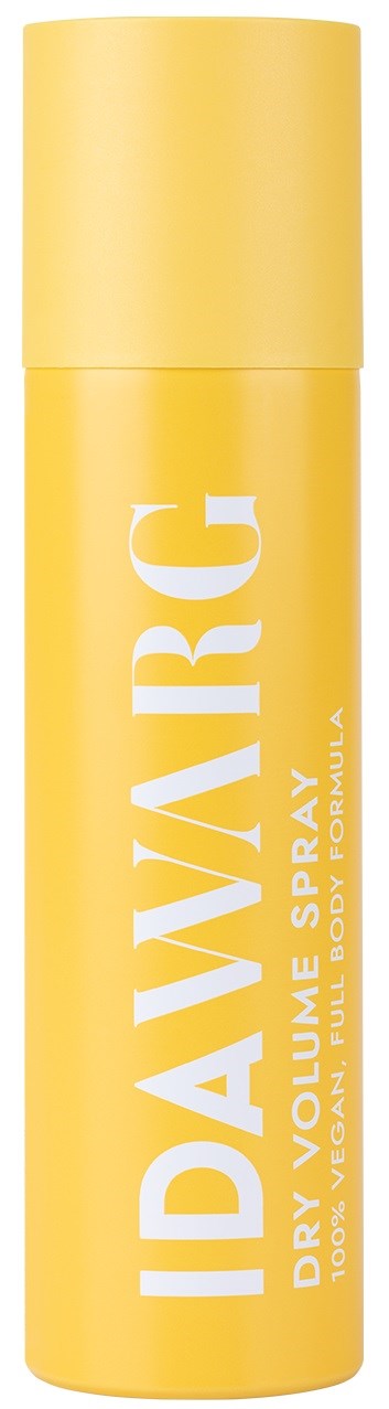 Gul sprayflaske merket "IDAWARG" for tørr volum. Enkel design, lang og sylindrisk.