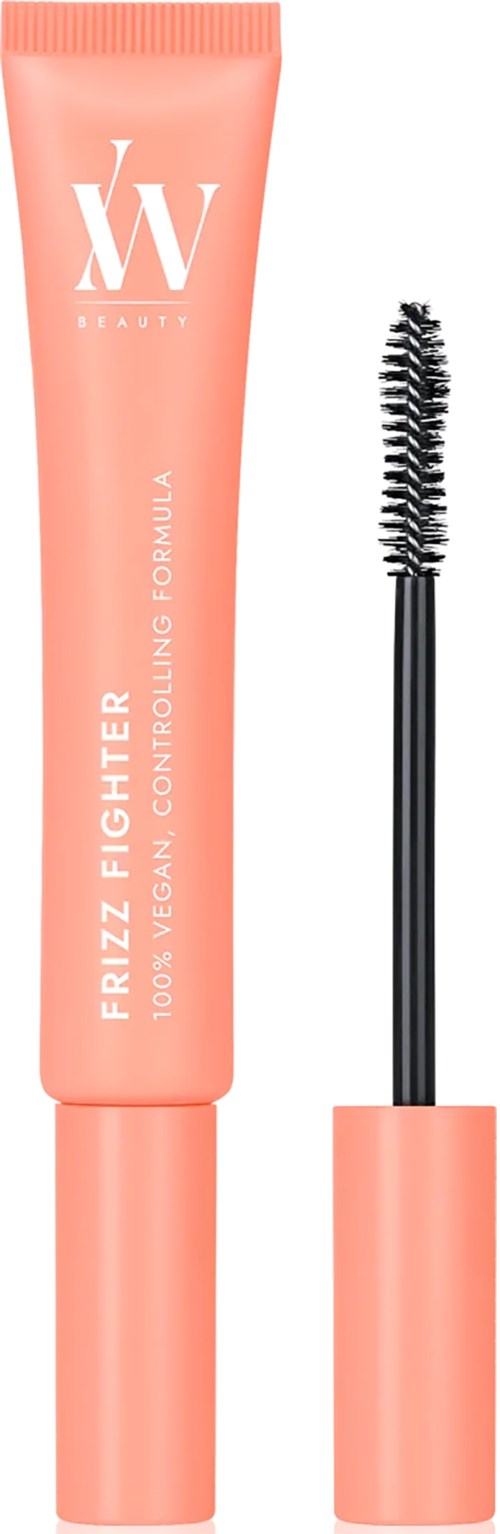 Koralowy tube mascara z czarną szczoteczką i zakrzywionym pędzelkiem. Oznaczone 'W Beauty' i 'Frizz Fighter'.