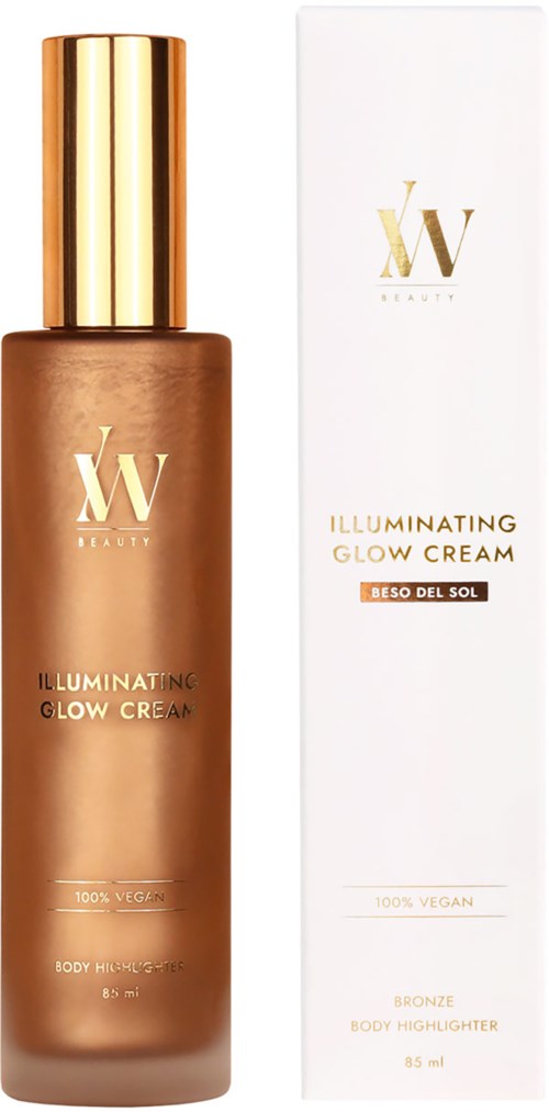 En brun flaska märkt 'Illuminating Glow Cream' med guldlock, bredvid en vit box med liknande text.