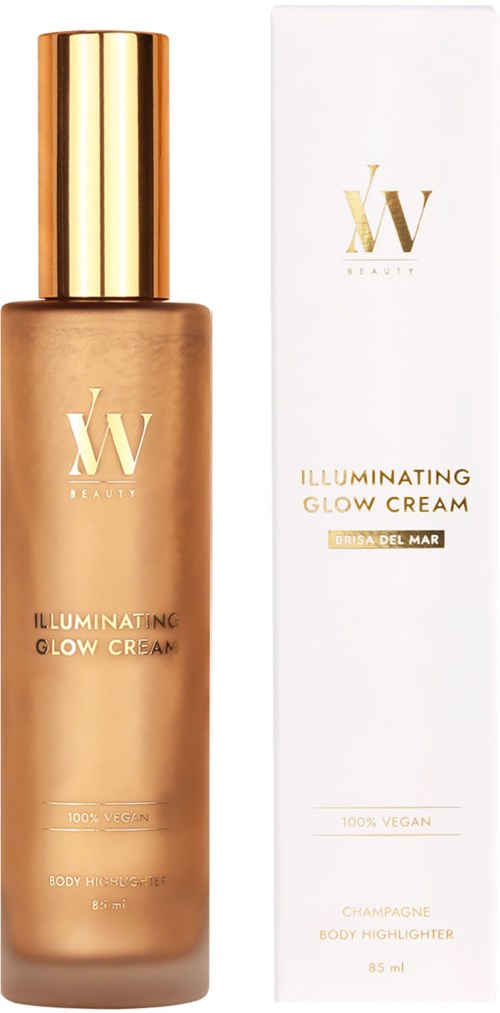 En bronsefarget flaske med gullhette ved siden av en hvit eske. Begge er merket 'Illuminating Glow Cream' av W Beauty.