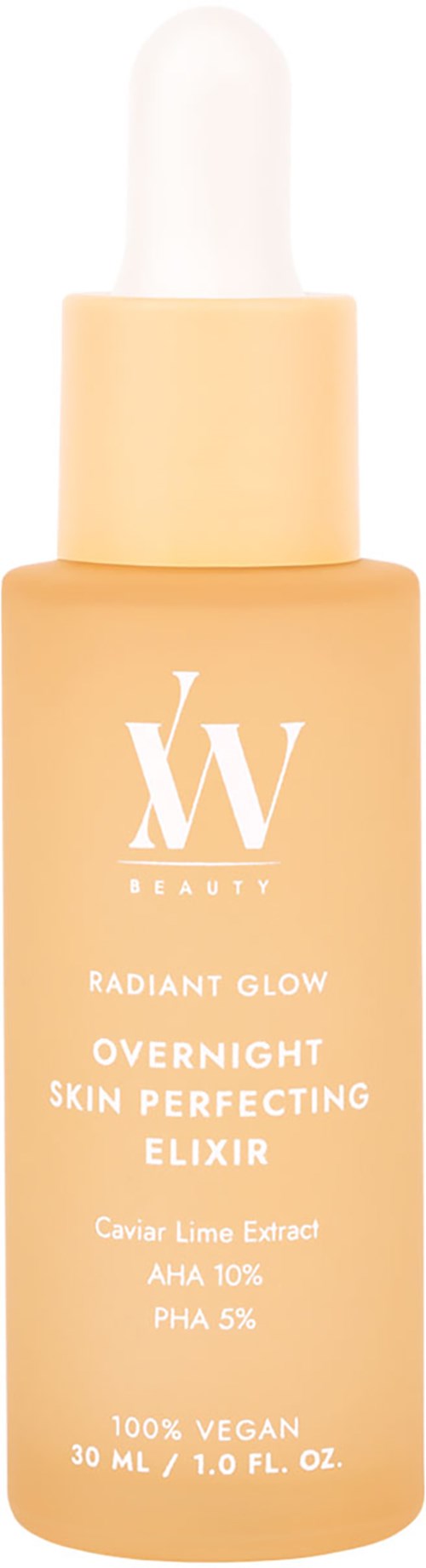 En beige droppflaska med radiant glow över-natt hudelixir med kaviar lime, AHA och PHA. 30 ml storlek.