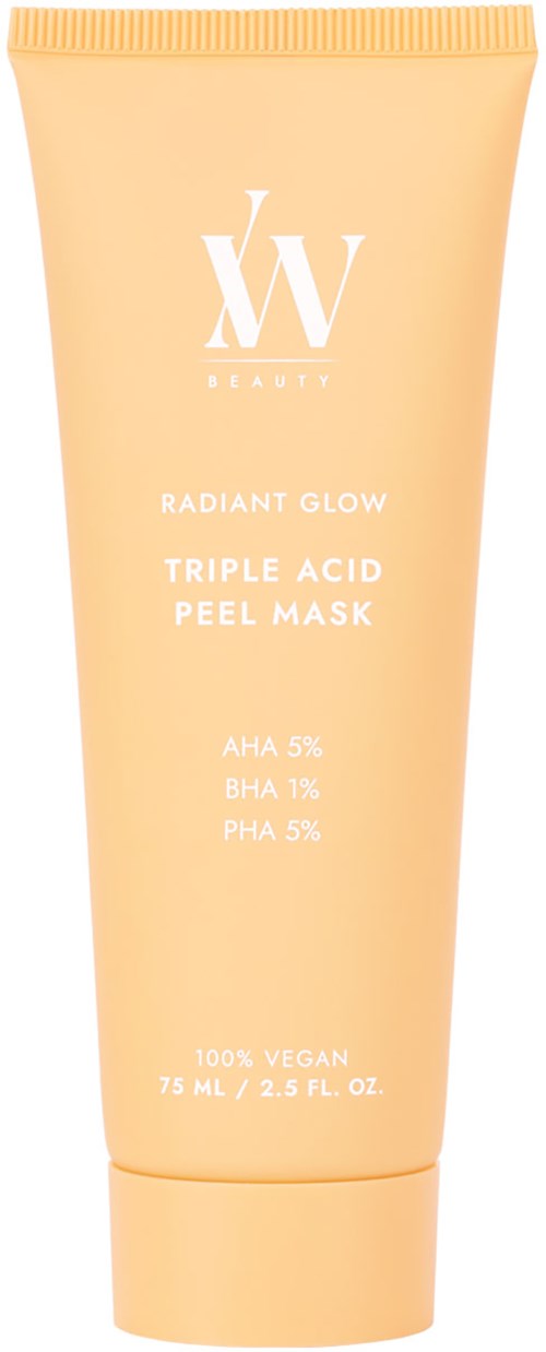 En pepparmöns-färgad tub med vit text som visar en hudvårdsprodukt kallad Radiant Glow Triple Acid Peel Mask.