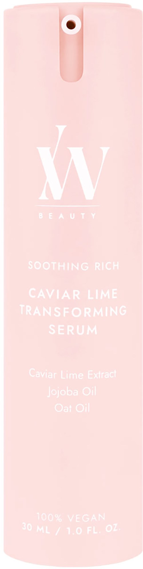 En lyserød flaske med hvid tekst om et caviar lime-transformerende serum, indeholder jojoba- og havreolie.