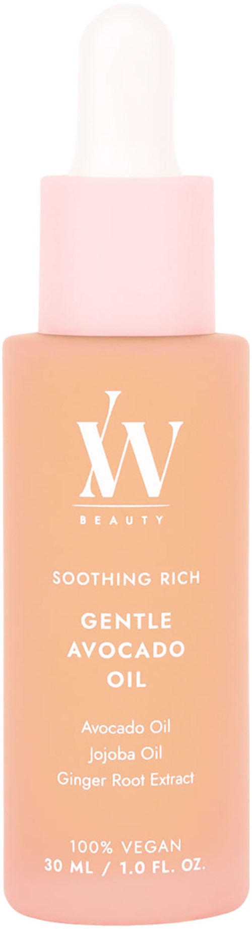 En rosa flaska märkt 'XV Beauty' med en pipett. Det står 'Soothing Rich Gentle Avocado Oil' och ingredienser.