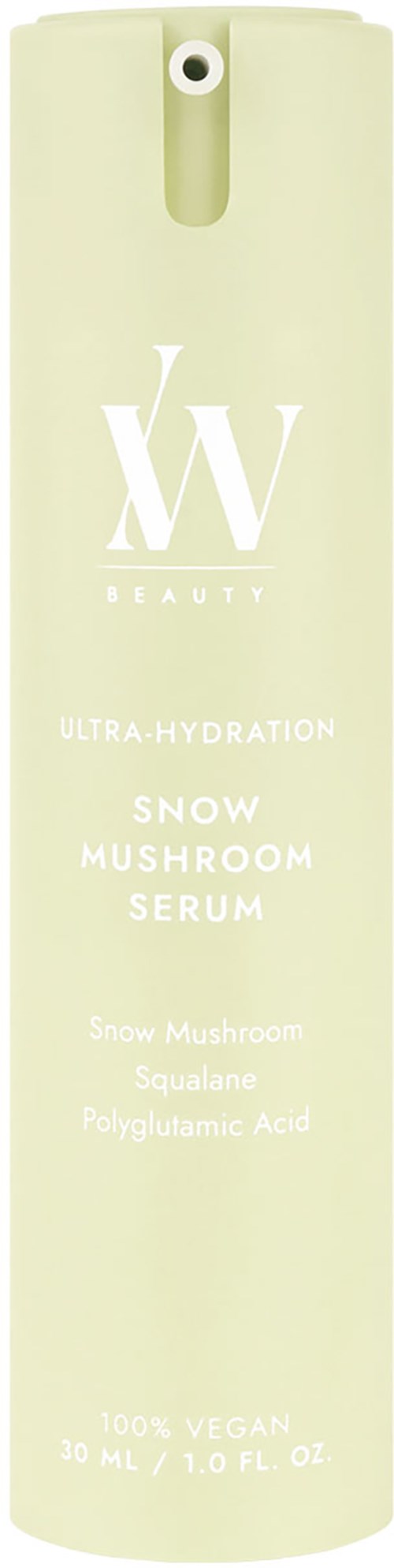 En lång, ljusfärgad sprayflaska med pump, märkt 'W BEAUTY', 'Ultra Hydration' och 'Snow Mushroom Serum'.