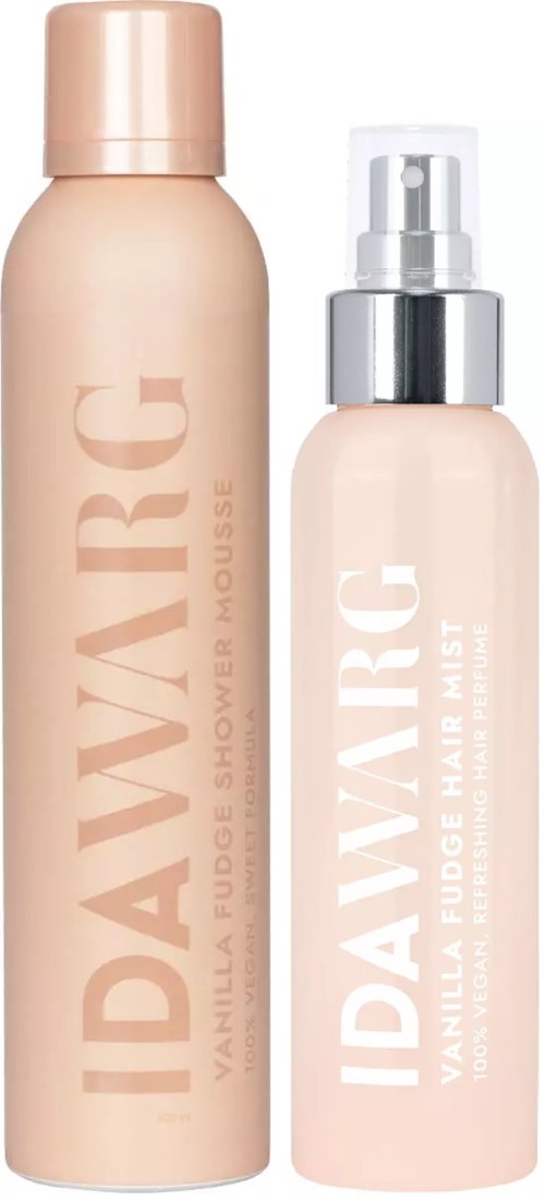 Zwei Flaschen Vanille-Körperspray, eine größere und eine kleinere, mit dem Label IDAVARQ.