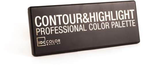 En svart sminkpalettlåda med vit text, märkt 'Contour & Highlight' och 'Professional Color Palette'.