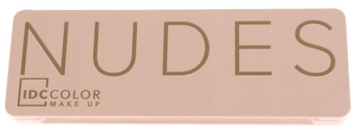 En makeuppalett kallad 'NUDES' med beige och bruna nyanser, märkt 'IDC COLOR MAKE UP' i hörnet.