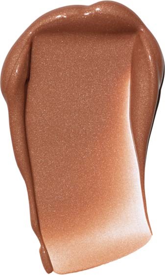 En prøve av skinnende beige sminke med glatt, blank overflate og avrundede kanter.