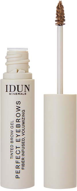 Een witte tube wenkbrauwgel met een aanbrengborstel, gelabeld 'IDUN MINERALS' en 'Tinted Brow Gel'.