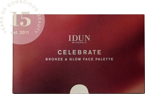 Punainen rasia, jossa on valkoinen teksti IDUN Minerals Celebrate bronze and glow face palette.