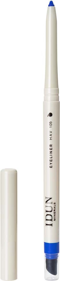 Biała kredka z niebieskim końcówką i nakrętką, oznaczona "IDUN EYELINER HAV 101".