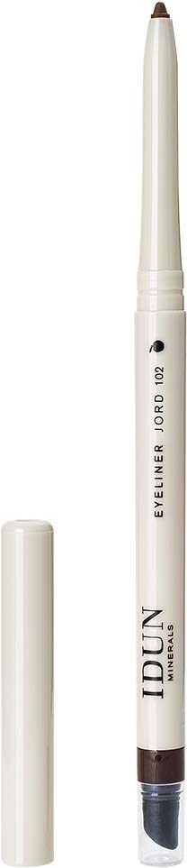 Een witte pen met een bruine tip, gemarkeerd Idun, voor ooglijning. Het heeft een dop en een viltpunt.