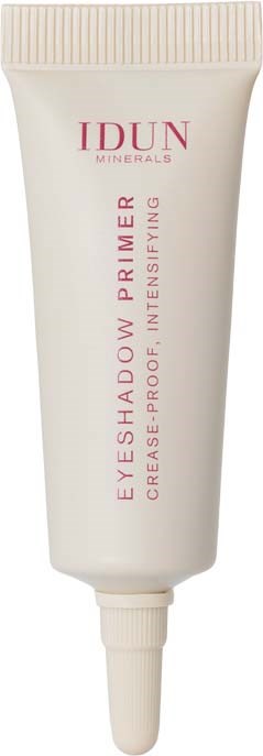 Witte tube oogschaduw primer met roze tekst, gelabeld voor ooglid, glanzende dop en spuitpunt.