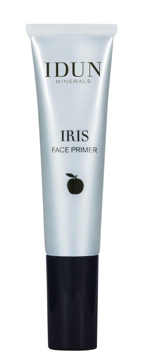 En hvit og svart tube merket IDUN Minerals Iris Face Primer med et lite svart fruktikon.