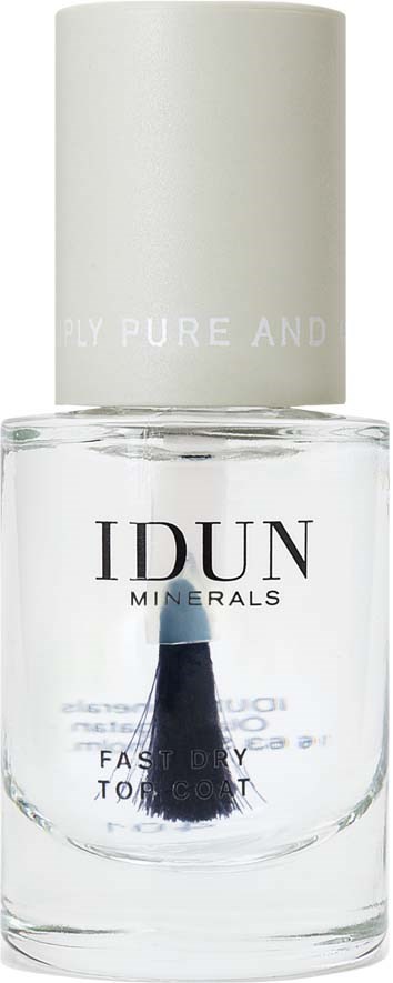 En klar nagellackflaska med vit lock, märkt IDUN Minerals, troligen nagellack eller baslack.