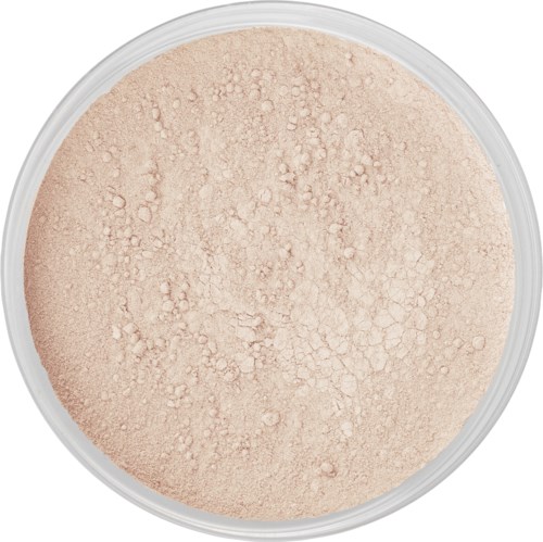Ronde, beige poeder in een doorzichtige container, ziet er fijn en zacht uit, mogelijk voor cosmetica of huidverzorging.