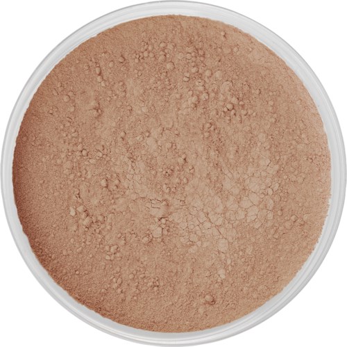 En rund behållare fylld med ljusbrunt pulver, möjligen makeup eller kosmetikprodukt.