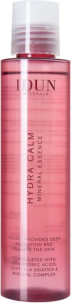 Rosa flaske med IDUN Hydrà Calm Mineral Essens med gjennomsiktig lokk, inneholder dyp fuktighet til huden.
