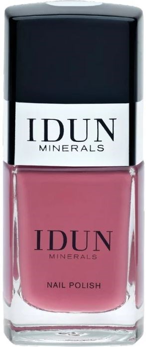 Różowa butelka lakieru do paznokci z czarnym i białym zakrętką i etykietą 'IDUN Minerals Nail Polish.'