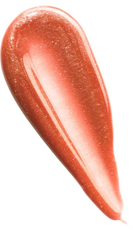 En lipglans i form av en tårdropp med glittrande, rödorange färg.