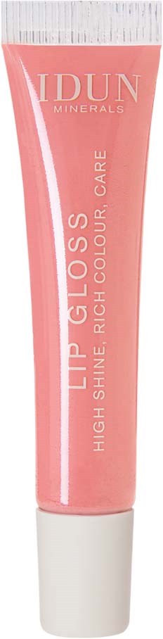 En rosa tube med lipgloss med hvit lokk, merket "IDUN Minerals" og "High Shine, Rich Colour, Care."