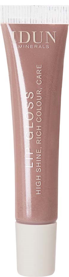 En rosa tube merket DUN Minerals Lip Gloss, høy glans, rik farge, omsorg for lepper.