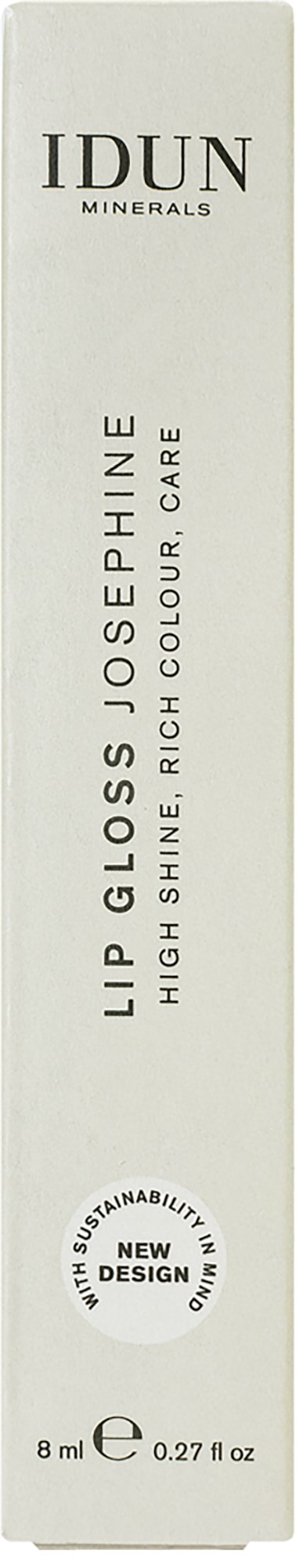 En lang, hvit eske med teksten "IDUN Minerals" og informasjon om lipgloss for glans og rik utseende.