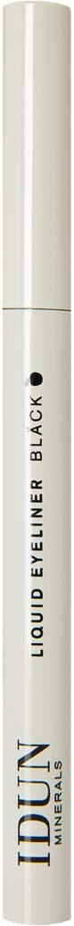 En hvit flytende eyelinerpensel merket 'IDUN' og 'Liquid Eyeliner Black' med en svart prikk på hetten.