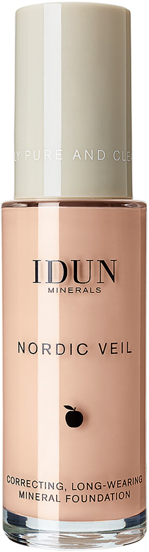 A bottle of IDUN Minerals Nordic Veil foundation in soft pink color with a pale lid.