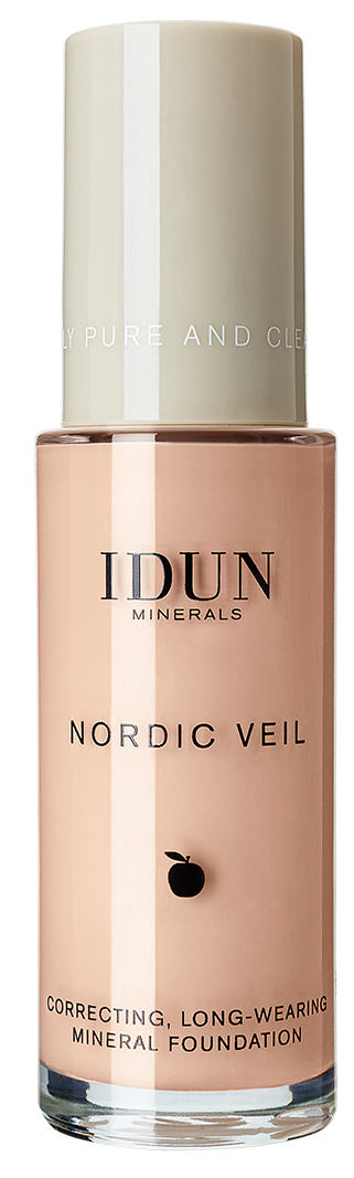 A bottle of IDUN Nordic Veil foundation with a beige cap and light pink liquid inside.