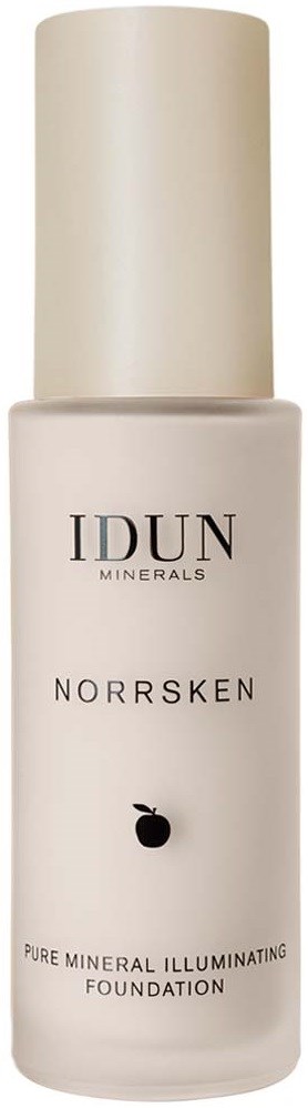 En vit flaska med IDUN Norrsken mineral lyxfoundation med vit lock.