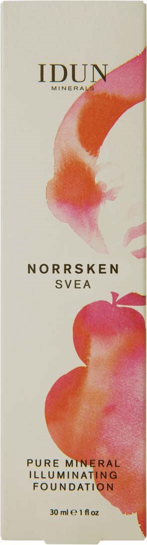 En vertikalt stycke med akvarellstilade orange och rosa abstrakta former, text om mineralfoundation och nyansen Norrsken Svea.